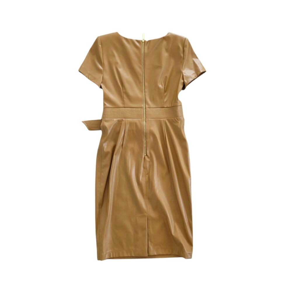 Calvin Klein Tan Faux Leather Belted Knee Length Sheath Dress Short Sleeve Sz 6 - Picture 3 of 7